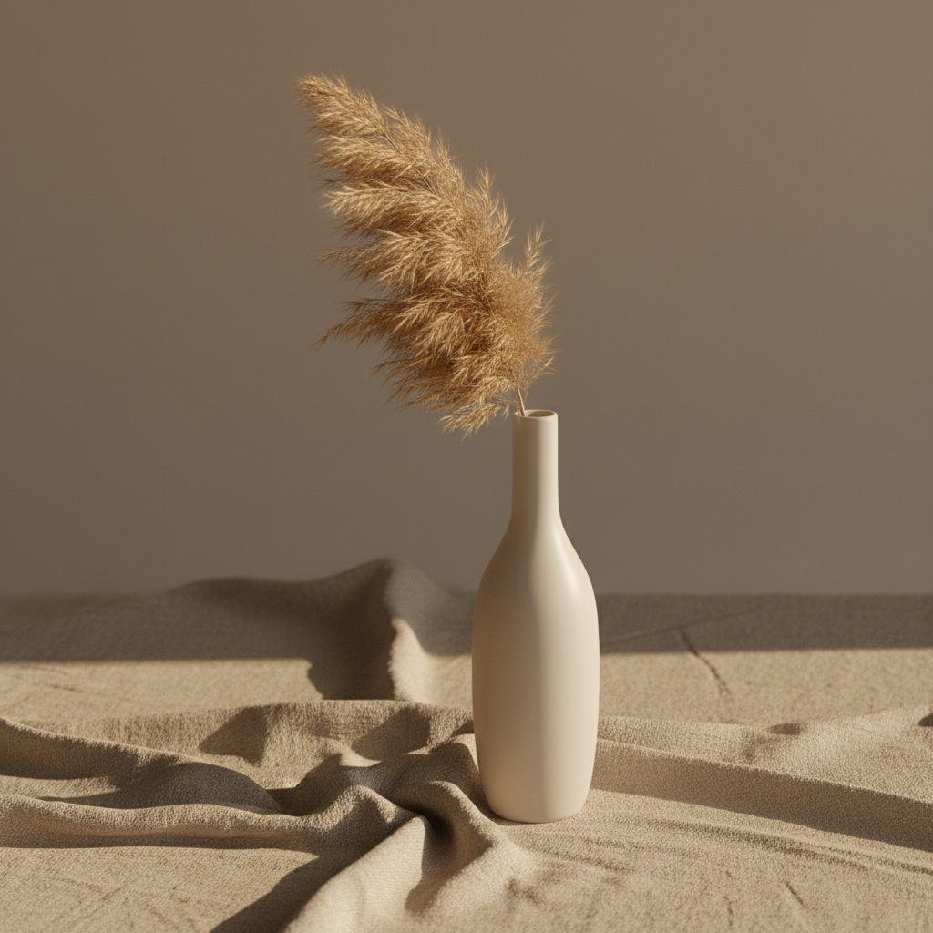 Minimalist still life of a ceramic vase with dried pampas grass on a linen surface