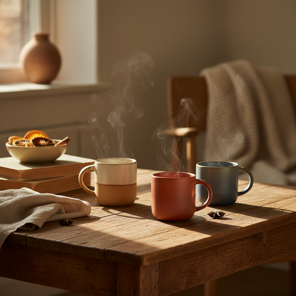 Artisanal ceramic mugs with steam on a sunlit wooden table, cozy and inviting.