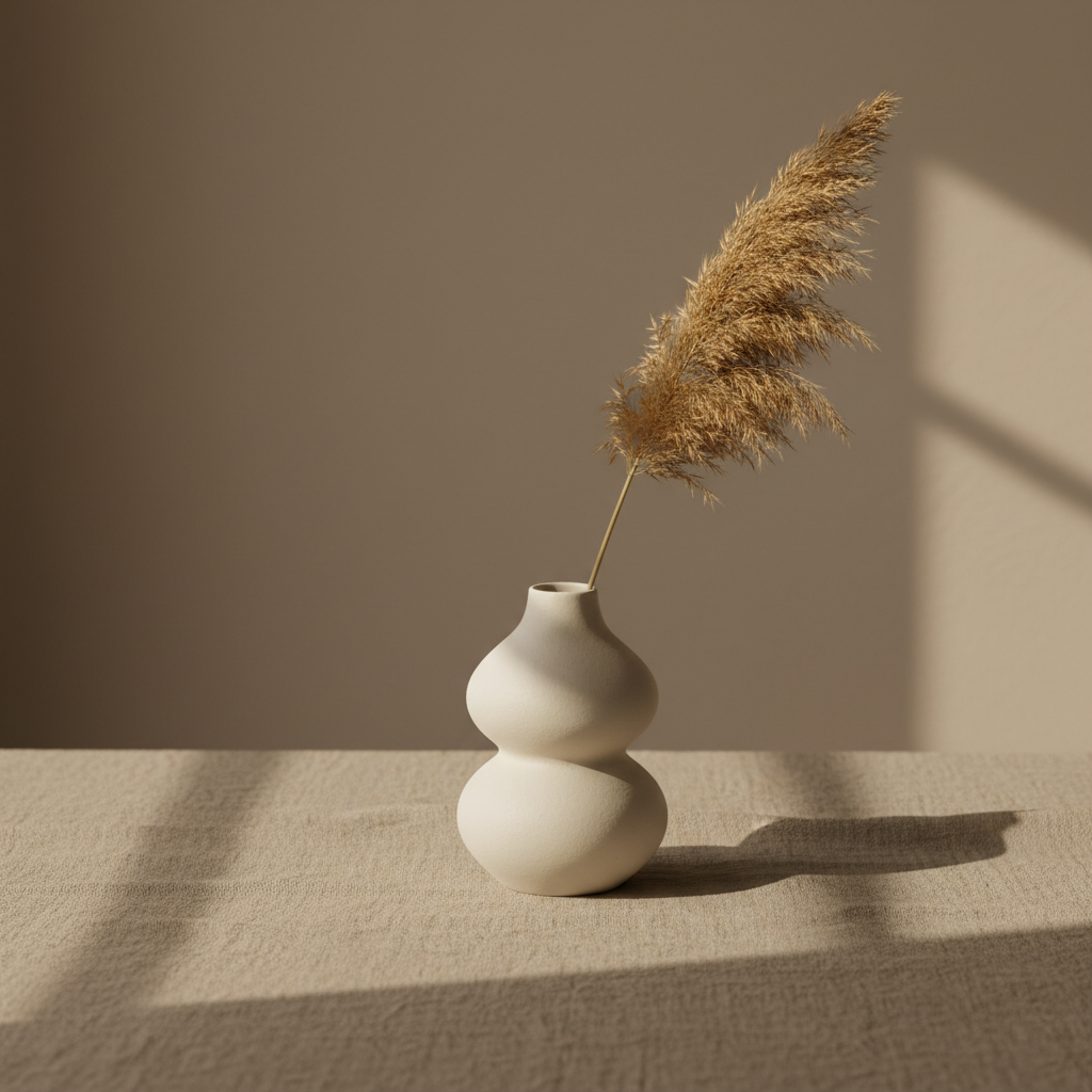 A minimalist still life featuring a ceramic vase with a pampas grass stem on linen.