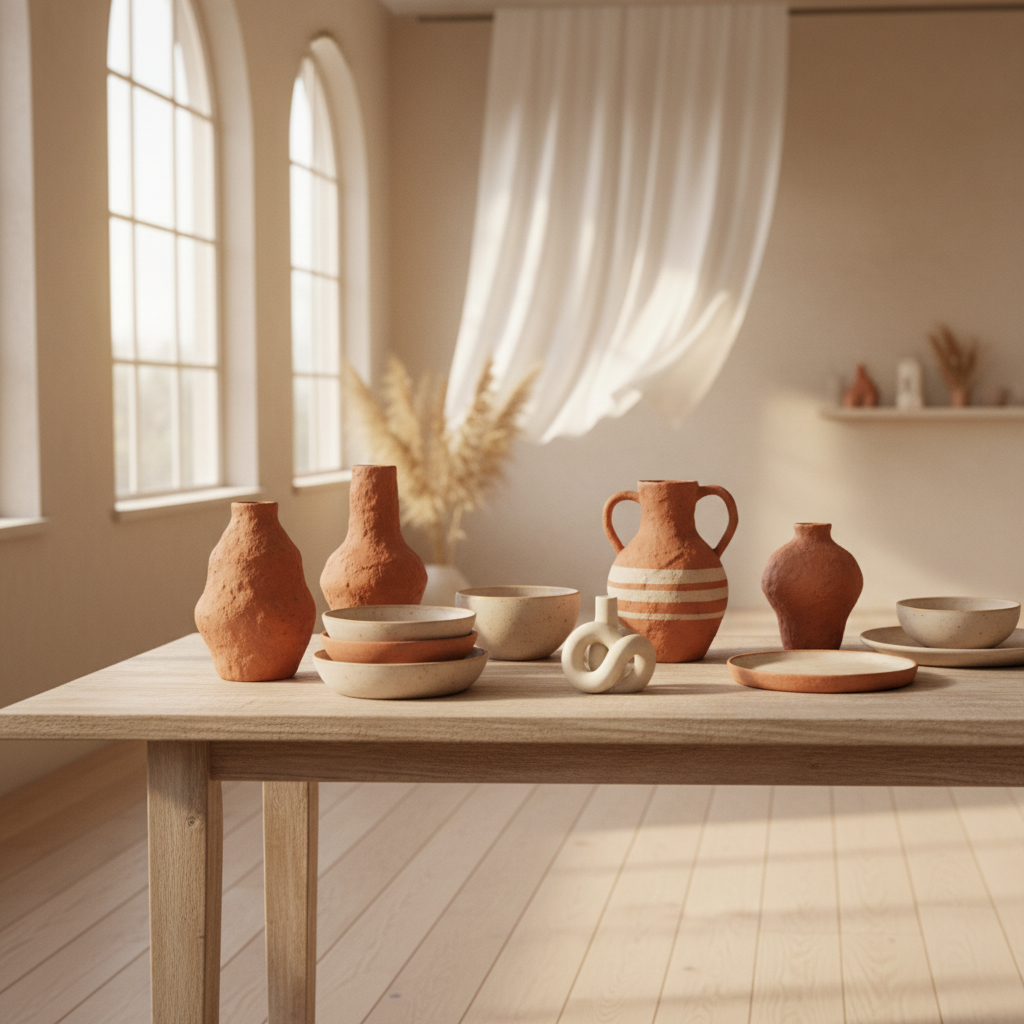 Artisanal ceramics in earthy tones displayed on a light wooden surface with soft natural light