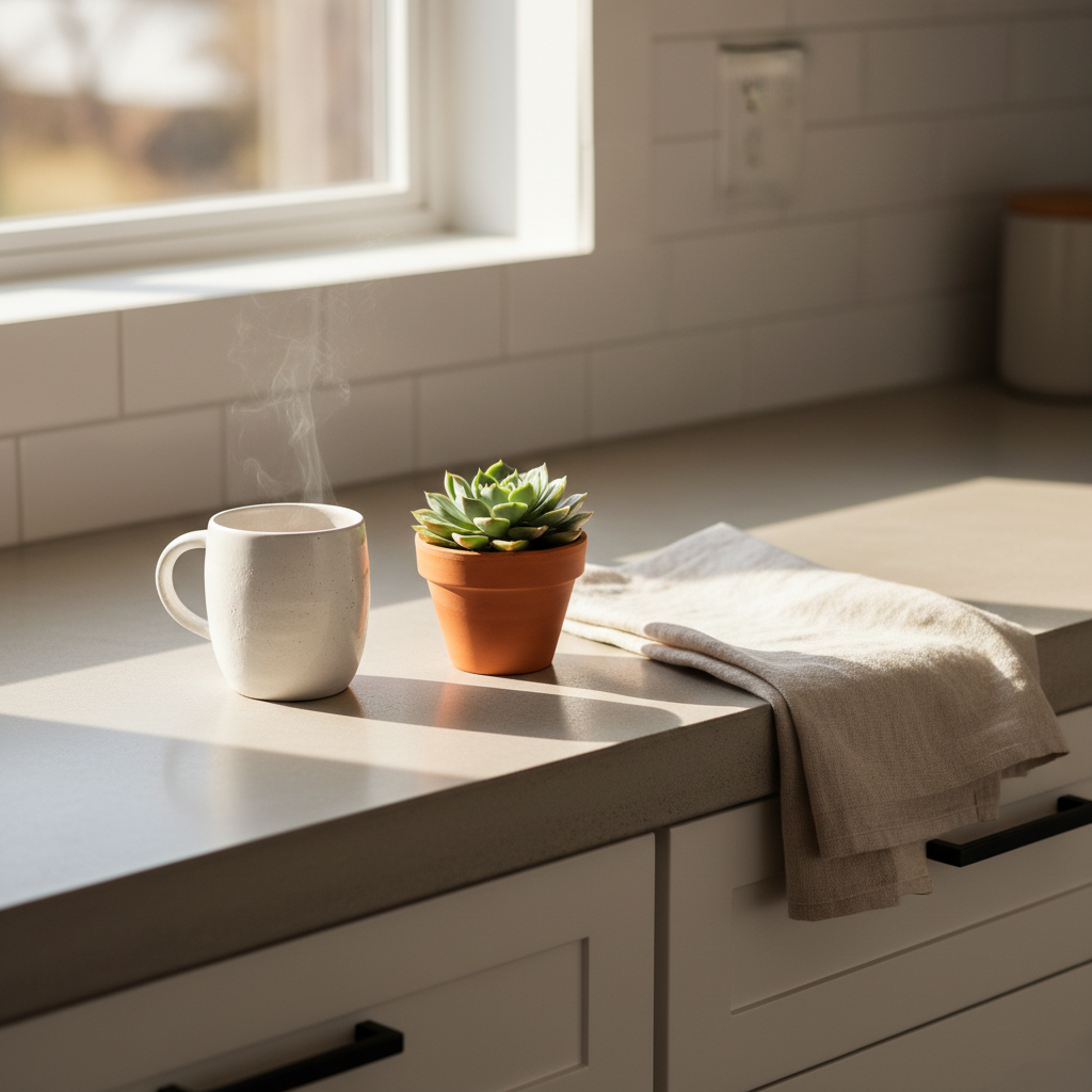 Minimalist kitchen counter with a mug, succulent, and linen napkin in soft morning light.