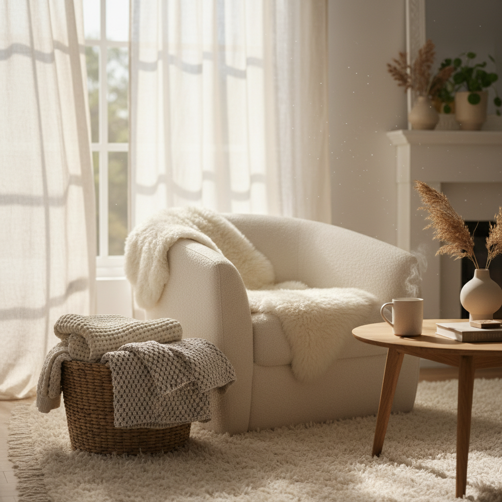 A softly lit living room with plush textures and natural light.