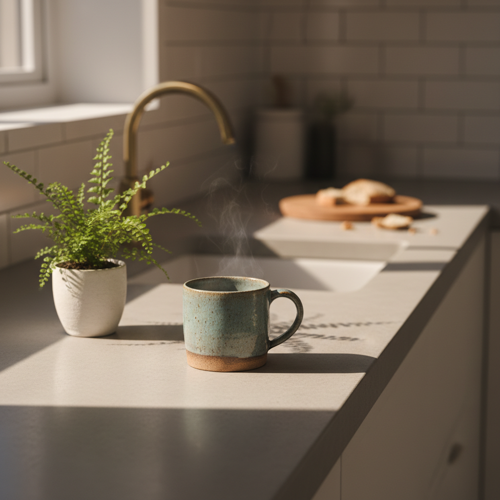 Modern kitchen counter with ceramic mug and green fern, bathed in soft, warm light.