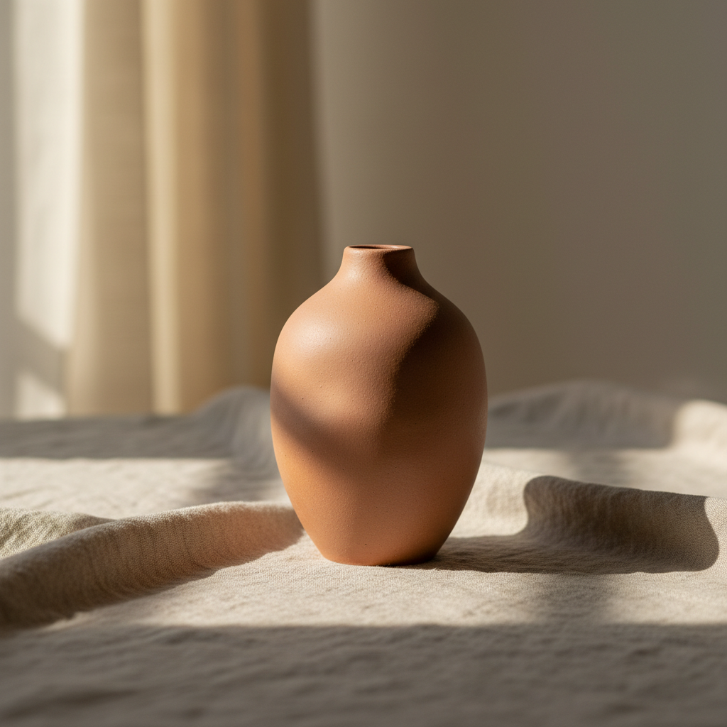 A minimalist ceramic vase with an earthy glaze rests on a textured linen background.