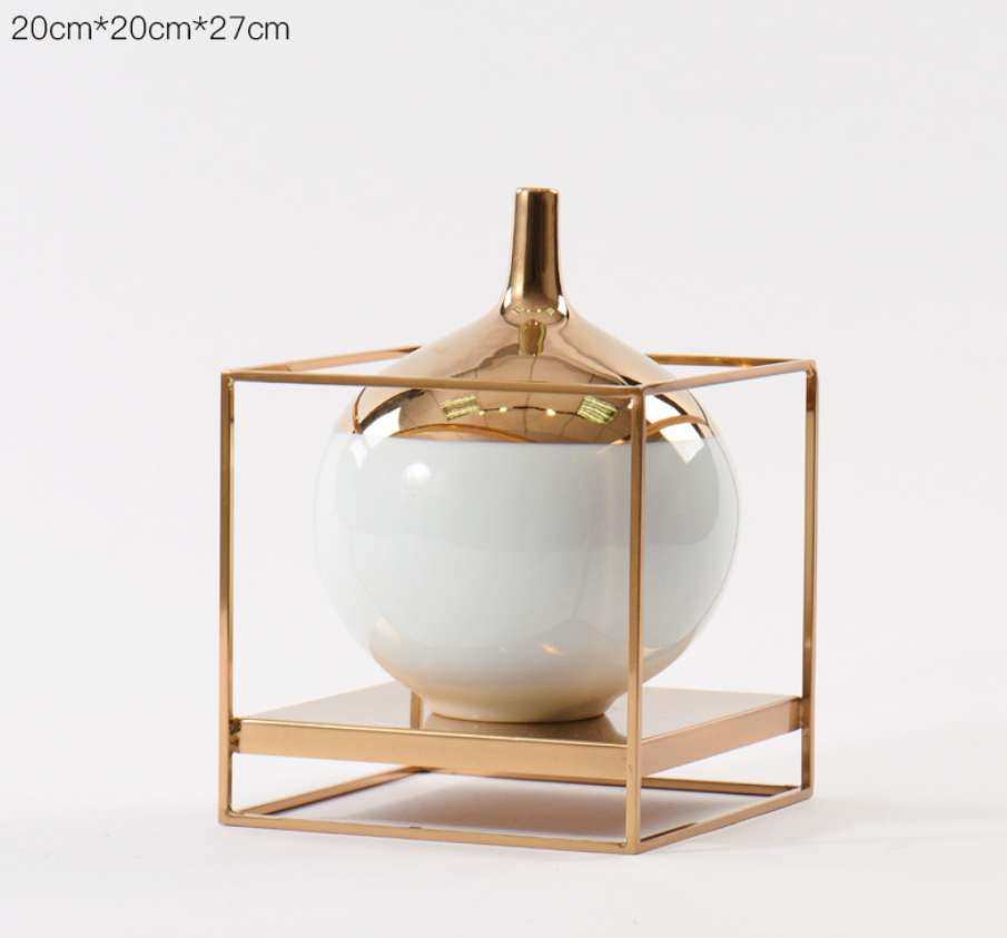 Modern Chinese Iron and Ceramic Flower Vase Decor