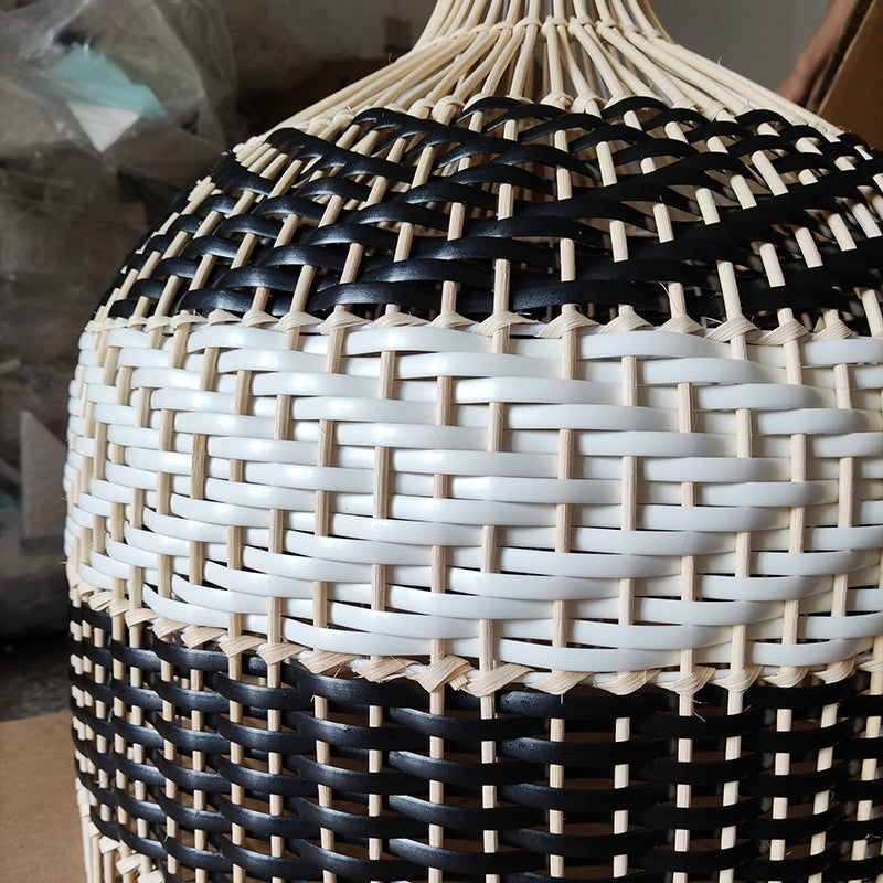 Modern woven pendant lamp with black and white rattan design for contemporary home decor
