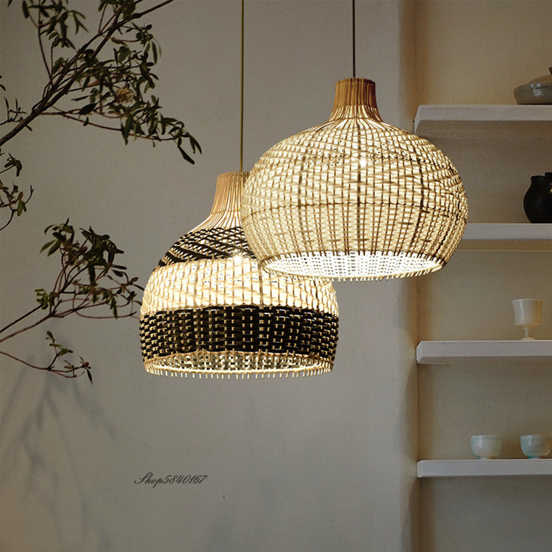 Woven rattan pendant lights with black accent, modern boho home decor lighting