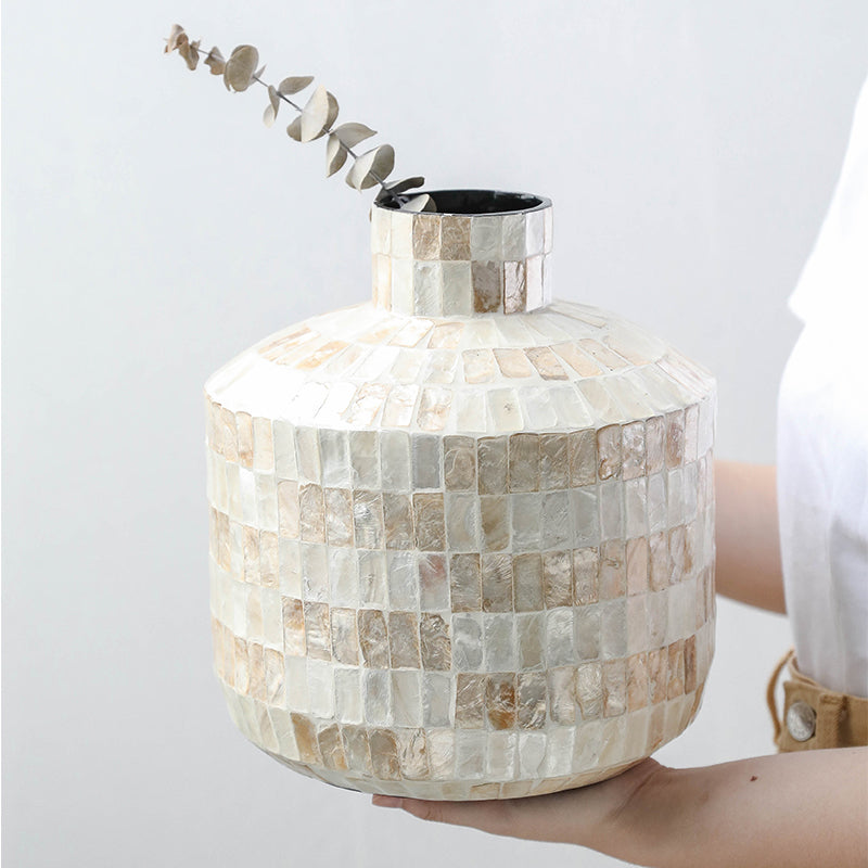 Handcrafted Colorful Shell Wooden Vase for Table Decor