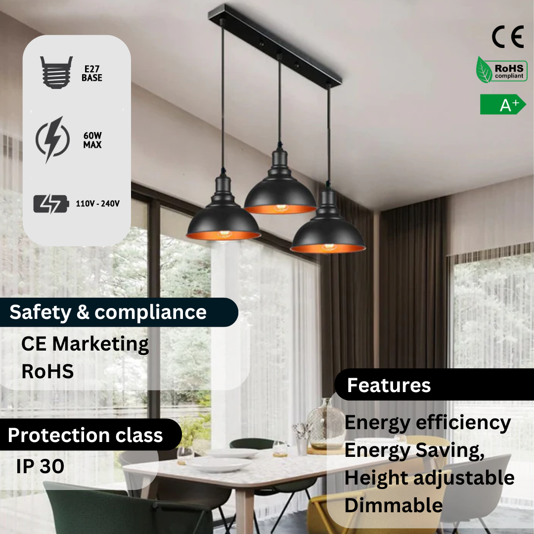 3 light Black Industrial Hanging Ceiling Pendant Lights~5264